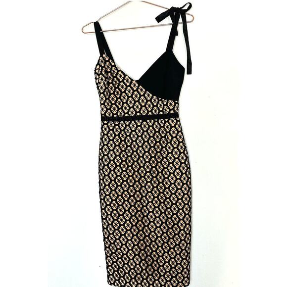 CINQ a SEPT Sera Printed Nude Black Lace Layover Sheath Midi Dress Size 2 - Picture 5 of 13